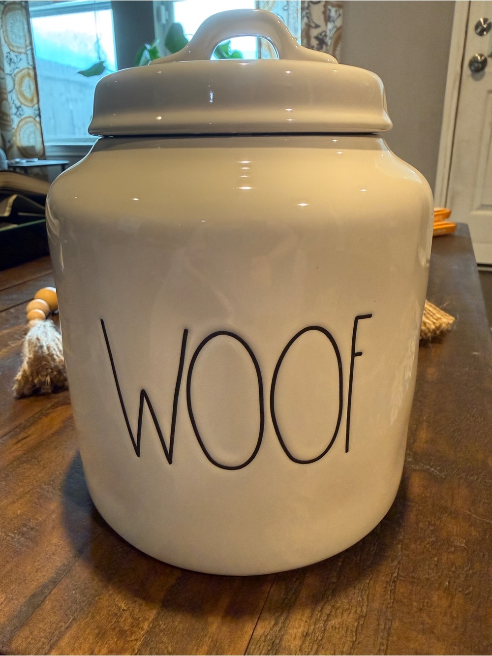 Rae Dunn Cream Ceramic 'WOOF' Treat Canister with Black Lettering